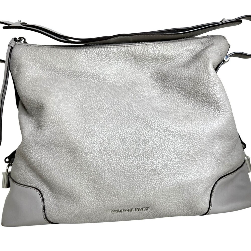 Michael Kors Gray Leather Hobo Bag With Adjustable Strap & Metal Feet